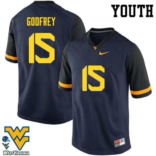 Youth #15 Eli Godfrey West Virginia Mountaineers College Football Jerseys-Navy - Click Image to Close